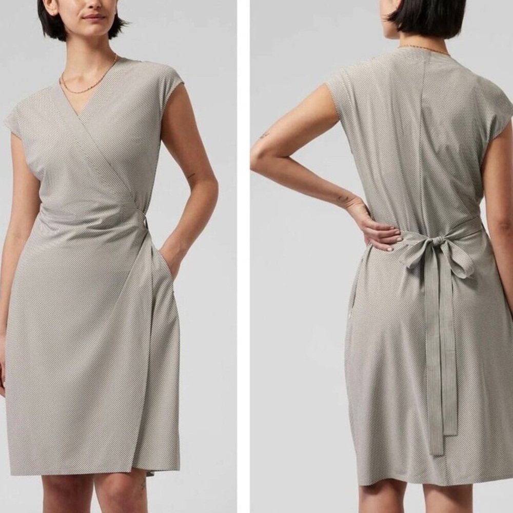 Athleta Newport Gray and‎ White Striped Wrap Dress